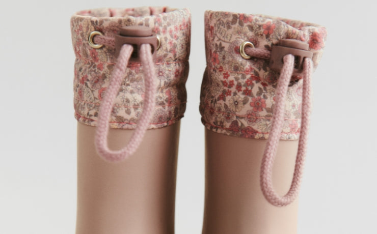 Pair of floral-patterned rain boots on a light gray background